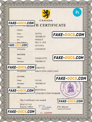 Canada vital record birth certificate PSD template, completely editable