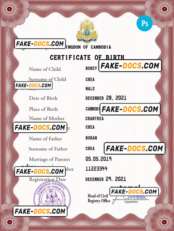 Cambodia birth certificate PSD template, completely editable