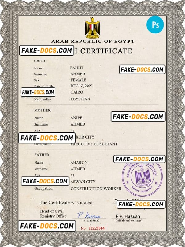 Egypt vital record birth certificate PSD template, fully editable