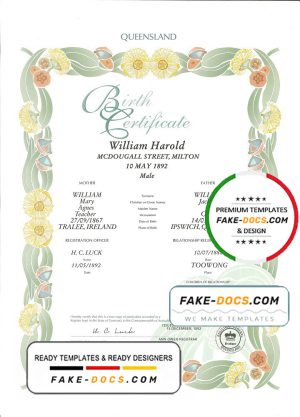 Australia Queensland decorative (commemorative) birth certificate template in PSD format, fully editable