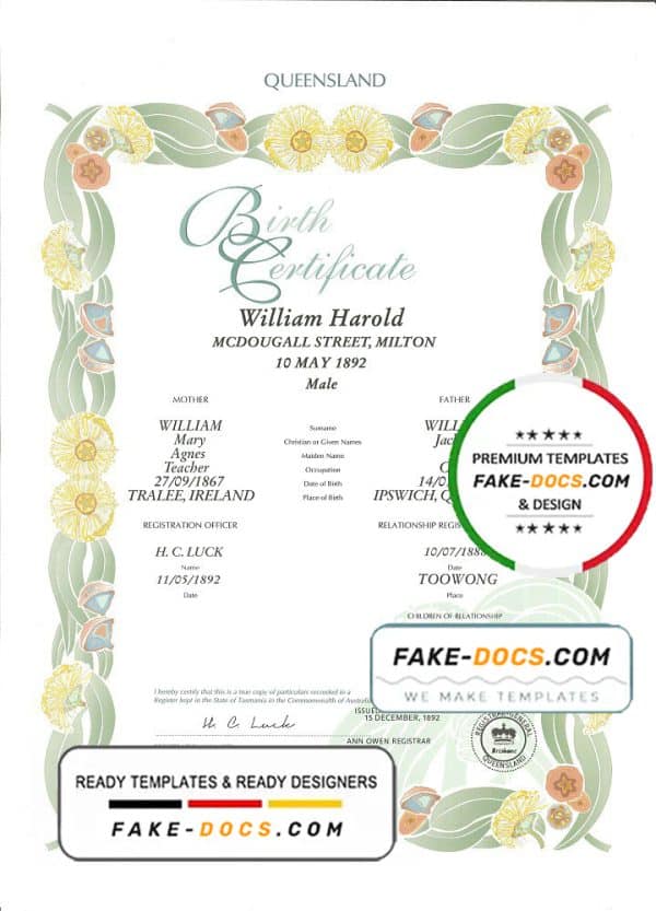 Australia Queensland decorative (commemorative) birth certificate template in PSD format, fully editable