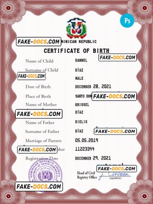 Dominican Republic vital record birth certificate PSD template, completely editable
