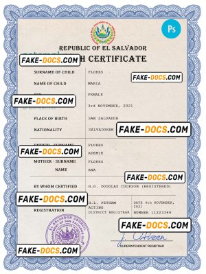 El Salvador vital record birth certificate PSD template, completely editable