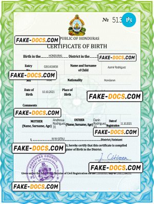 Honduras vital record birth certificate PSD template
