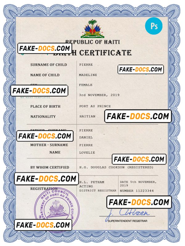 Haiti vital record birth certificate PSD template