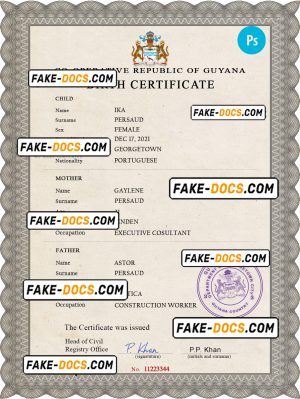 Guyana vital record birth certificate PSD template, fully editable