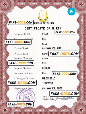 Guinea vital record birth certificate PSD template, completely editable