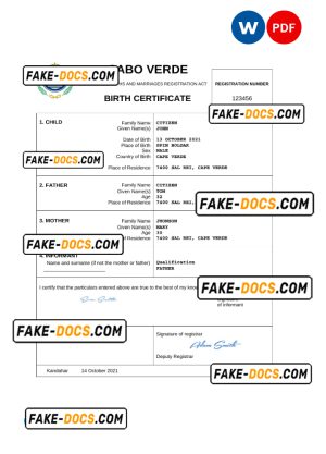 Cabo Verde vital record birth certificate Word and PDF template, completely editable