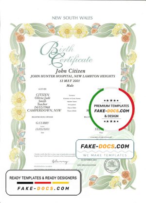 Australia Northern Territory decorative (commemorative) birth certificate template in PSD format, fully editable