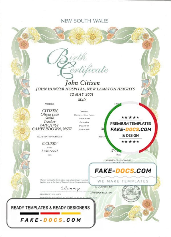 Australia Northern Territory decorative (commemorative) birth certificate template in PSD format, fully editable