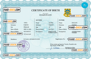 Tuvalu vital record birth certificate PSD template
