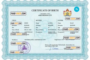 Netherlands vital record birth certificate PSD template, fully editable