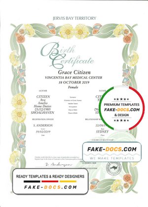 Australia Jervis Bay Territory decorative birth certificate template in PSD format, fully editable