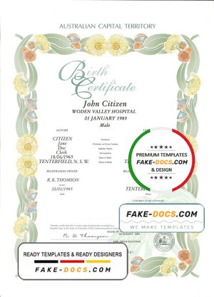 Australia Australian Capital Territory decorative (commemorative) birth certificate template in PSD format