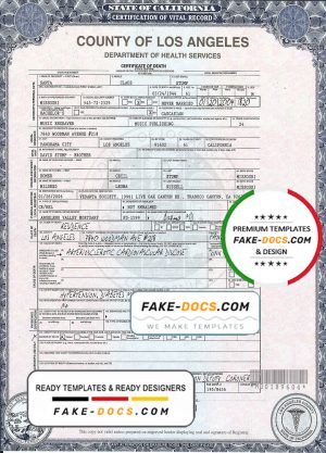 USA California Death Certificate template in PSD format