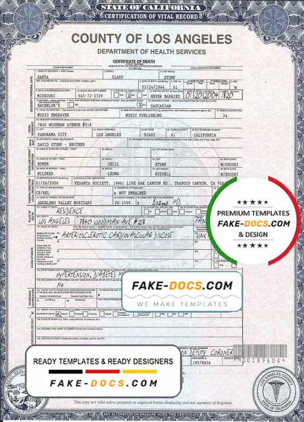USA California Death Certificate template in PSD format