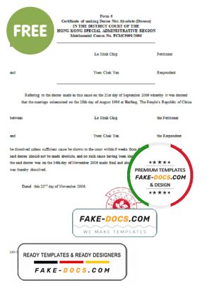 Hong Kong divorce certificate template in Word and PDF format