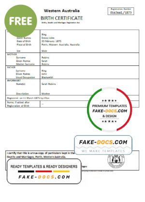 Australia Western Australia birth certificate template in Word format, version 2