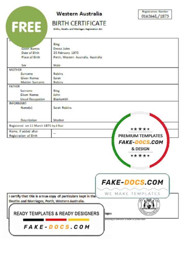 Australia Western Australia birth certificate template in Word format, version 2