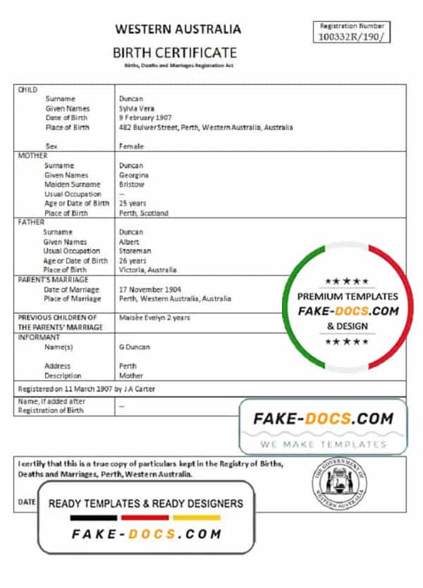 Australia Western Australia birth certificate template in Word format, version 1