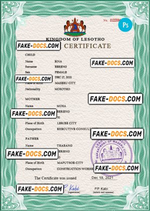 Lesotho vital record birth certificate PSD template