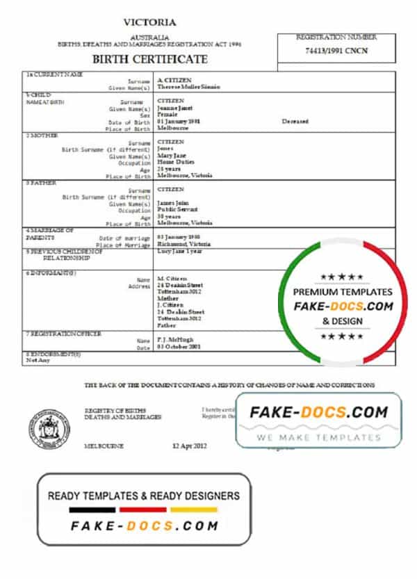 Australia Victoria birth certificate template in Word format, version 2