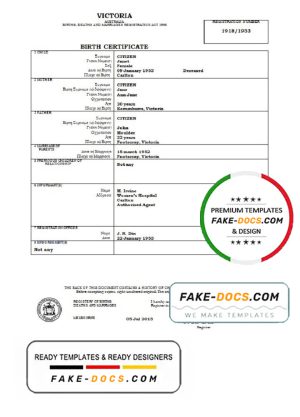 Australia Victoria birth certificate template in Word format, version 1