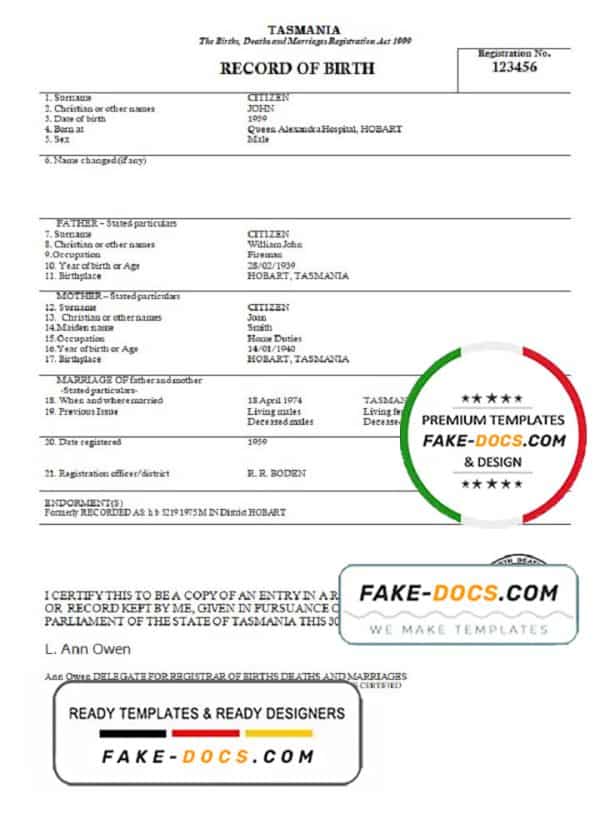 Australia Tasmania birth certificate template in Word format