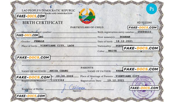 Laos birth certificate PSD template, completely editable