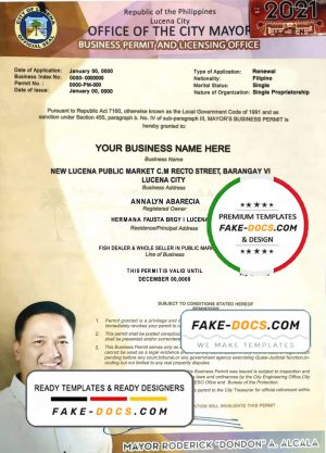 Philippines City of Lucena private entrepreneur certificate template in PSD format