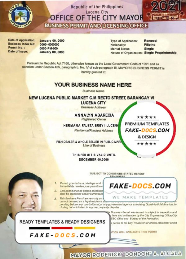 Philippines City of Lucena private entrepreneur certificate template in PSD format