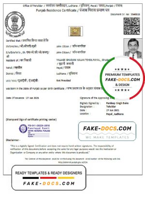 India Government of Punjab Residence Certificate template in Word and PDF format