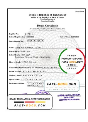 Bangladesh Death certificate template in PSD format, fully editable