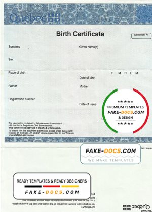 Canada Quebec Birth Certificate template in PSD format