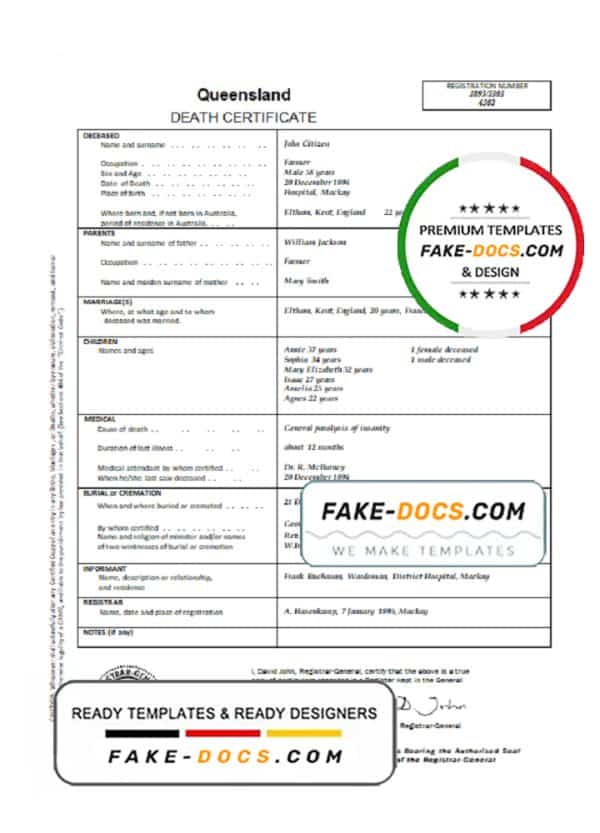 Australia Queensland death certificate template in Word format