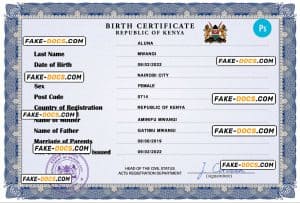 Kenya vital record birth certificate PSD template, fully editable