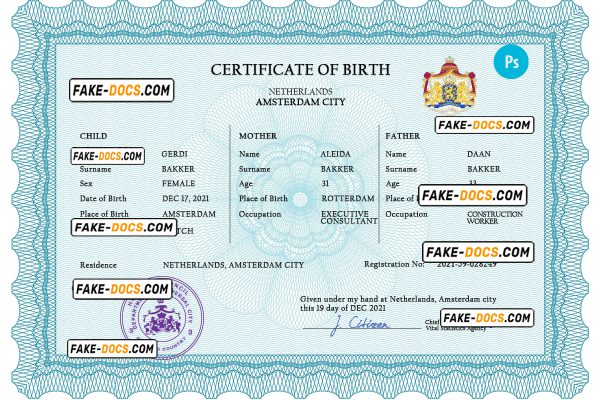 Netherlands vital record birth certificate PSD template, fully editable