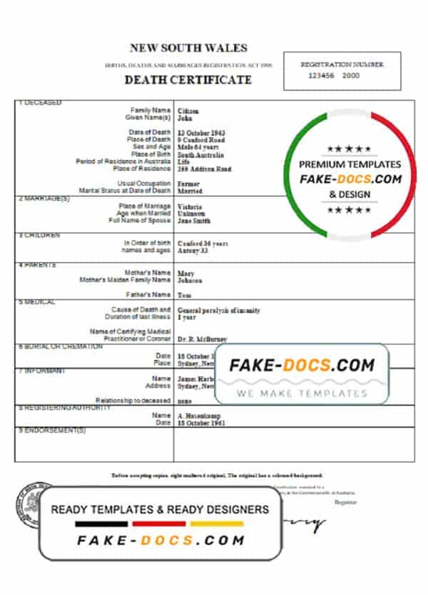 Australia New South Wales death certificate template in Word format