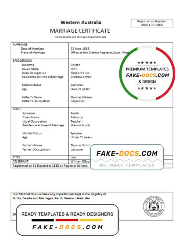 Australia Western Australia marriage certificate template in Word format