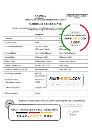 Australia Victoria marriage certificate template in Word format