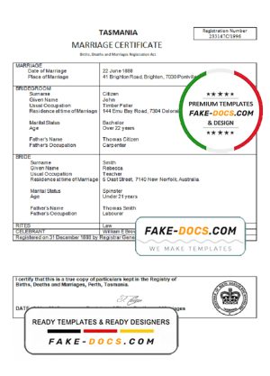 Australia Tasmania marriage certificate template in Word format