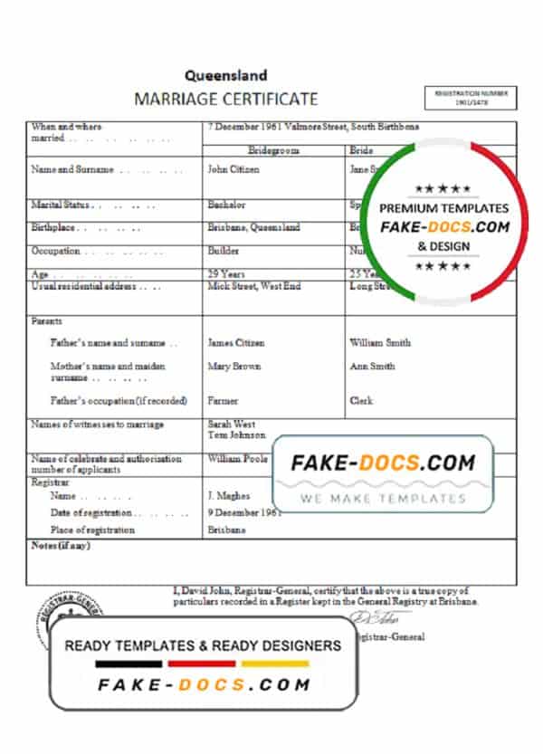Australia Queensland marriage certificate template in Word format