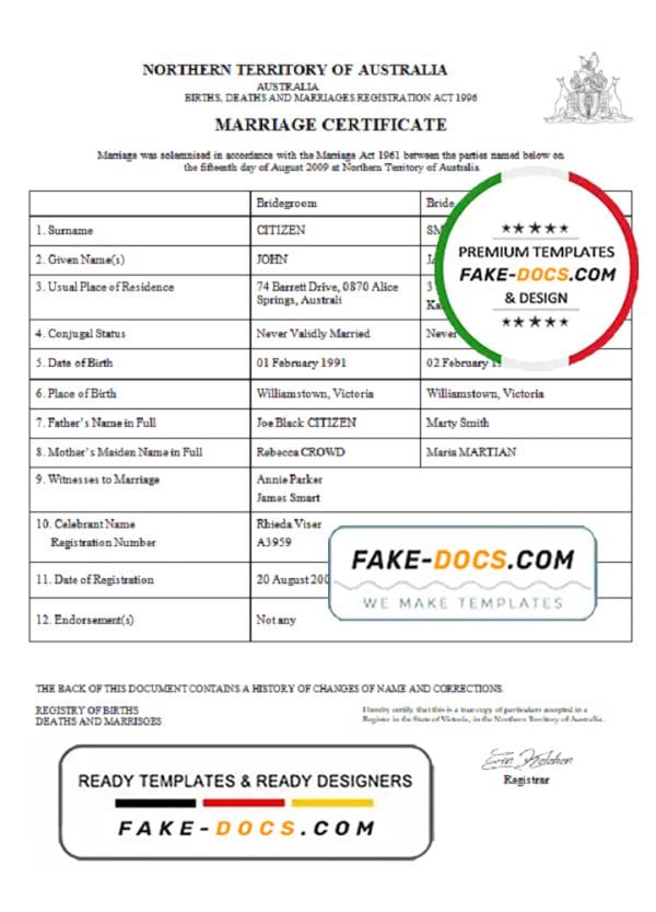 Australia Northern Territory of Australia marriage certificate template in Word format