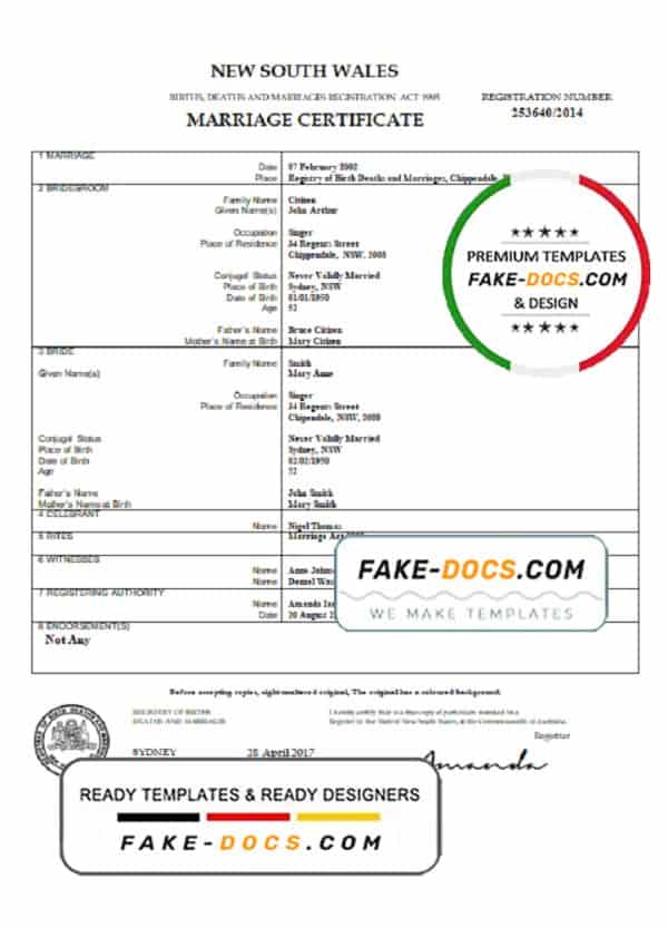 Australia New South Wales marriage certificate template in Word format