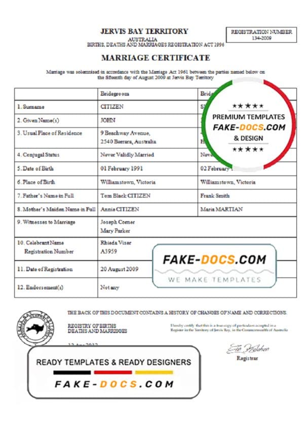 Australia Jervis Bay Territory marriage certificate template in Word format