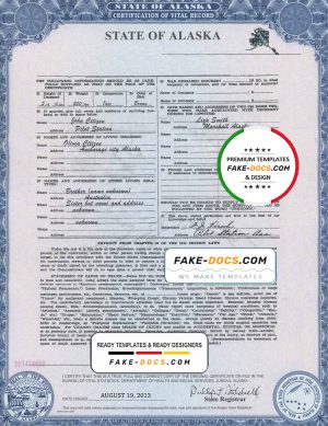 USA Alaska state birth certificate template in PSD format, fully editable