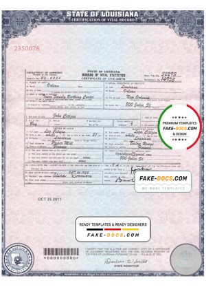USA Louisiana state birth certificate template in PSD format, fully editable