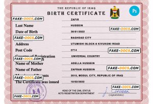 Iraq vital record birth certificate PSD template, fully editable
