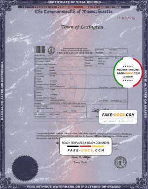 USA Massachusetts state birth certificate template in PSD format, fully editable