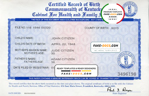 USA Kentucky state birth certificate template in PSD format, fully editable